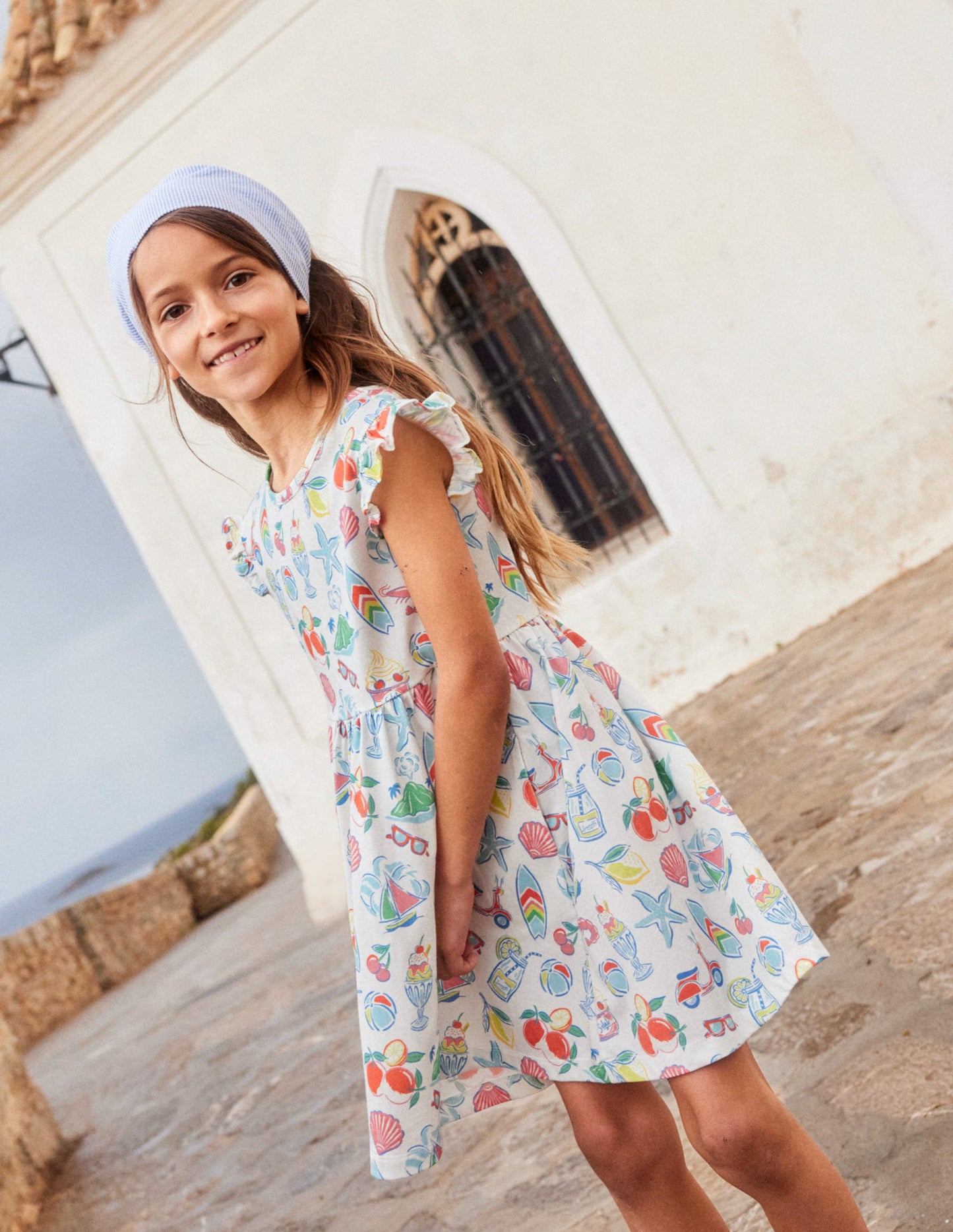 Jerseykleid mit Rüschenärmeln-Elfenbein, Urlaubsmotiv