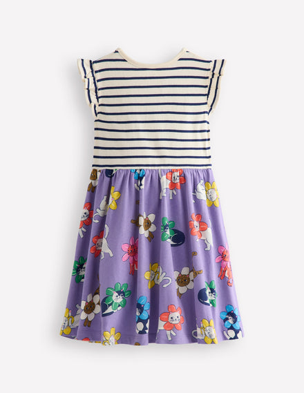 Robe en jersey à manches volantées-Chat floral violet aster