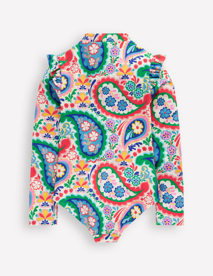 Maillot de bain manches longues à volants-Motif cachemire ivoire