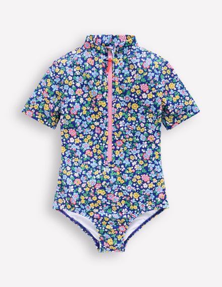 Maillot de bain à manches courtes-Bleu saphir, fleurs nautiques