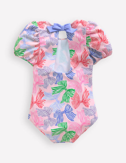 Maillot de bain Sandy à manches bouffantes-Nœuds rose français