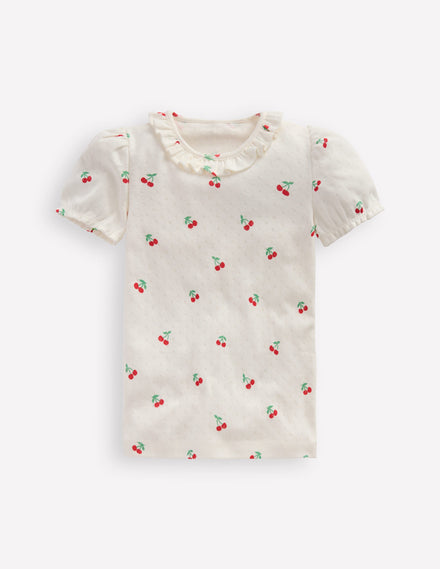 Short-sleeved Ruffle Pointelle-Ivory Cherries