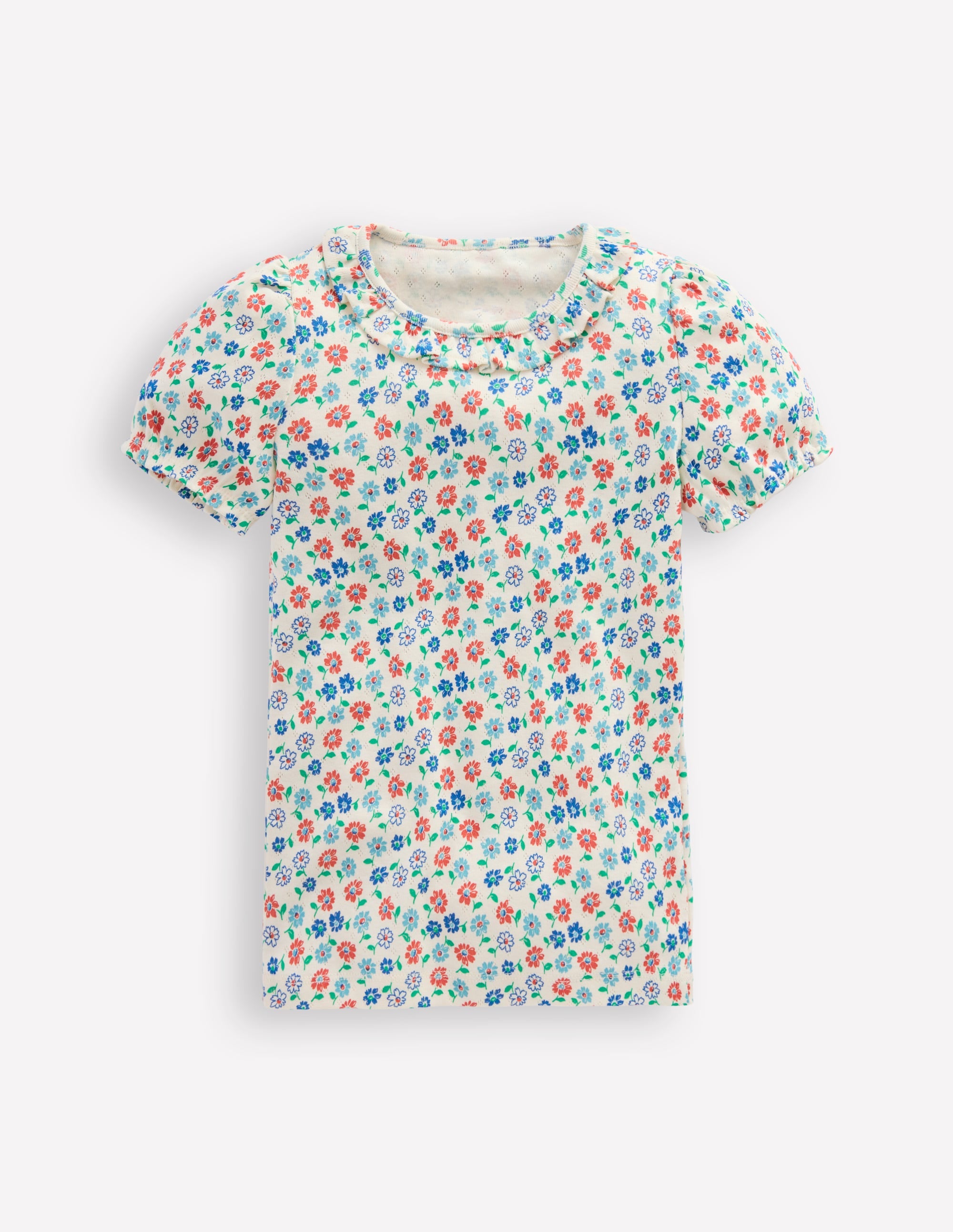 Kurzärmeliges Pointelle-Oberteil mit Rüschen-Vanilleweiß Vintage Gänseblümchen - Image 1