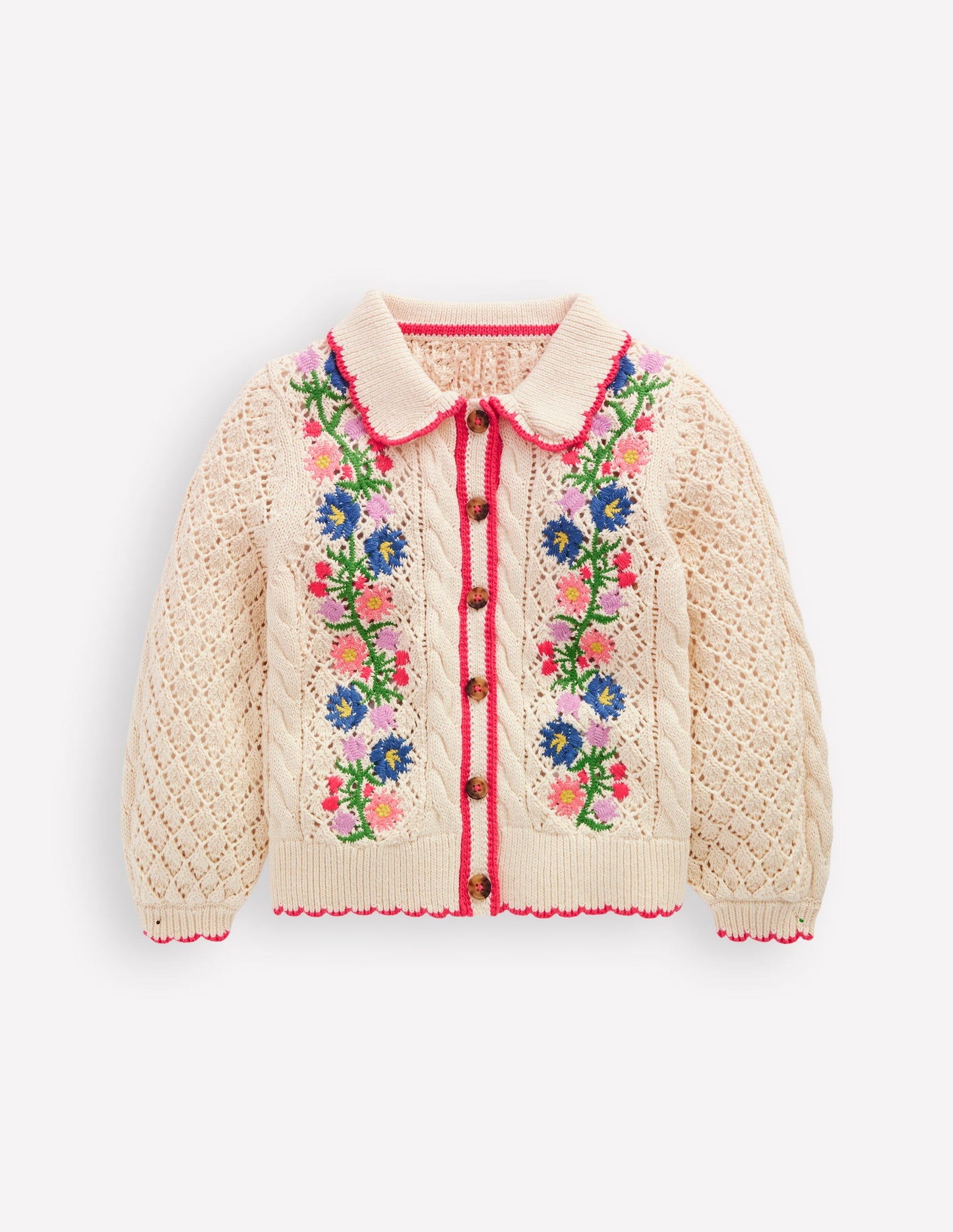 Gilet brodé en coton-Motif floral ivoire chaud