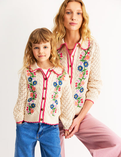 Gilet brodé en coton-Motif floral ivoire chaud