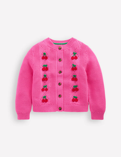 Bestickte Pointelle-Strickjacke-Rosenblütenrosa Kirschen