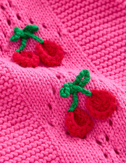 Bestickte Pointelle-Strickjacke-Rosenblütenrosa Kirschen