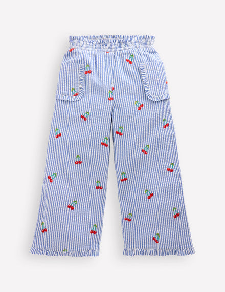 Pantalon volanté d'antan-Cerises coutil bleu