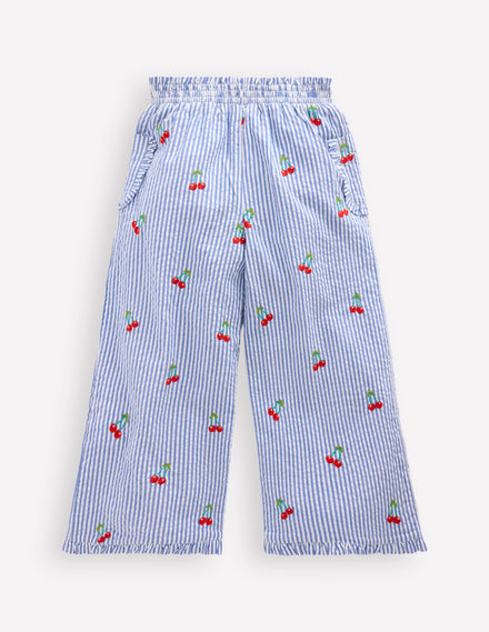 Pantalon volanté d'antan-Cerises coutil bleu