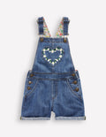 Kurze Latzhose mit Herztaschen-Vintage Bestickt Gänseblümchen