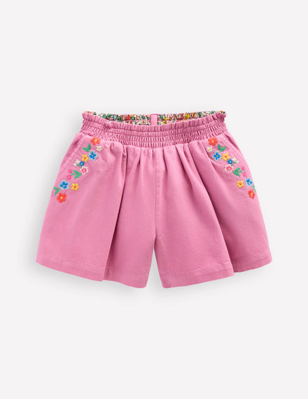 Short à enfiler-Rose brodé