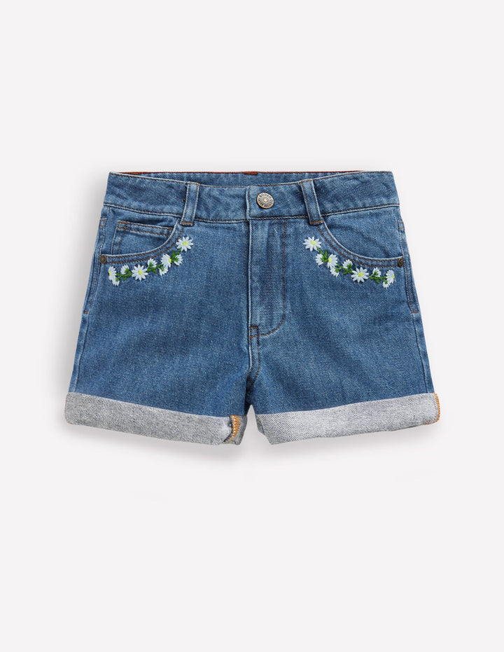 Short en jean-Pâquerette brodée vintage