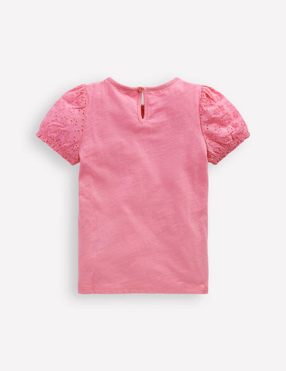 T-shirt à broderie anglaise-Rose chewing-gum