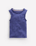 Geripptes Top mit Spitzenbesatz-Blau