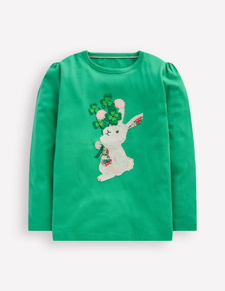 T-shirt à manches bouffantes et appliqué-Lapin vert aloé vera