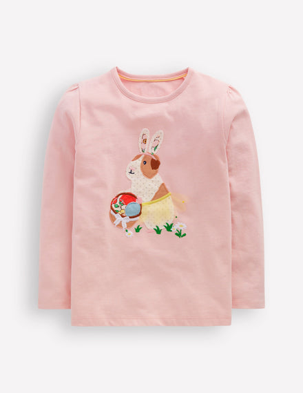 T-shirt à manches bouffantes et appliqué-Cochon d'Inde rose craie