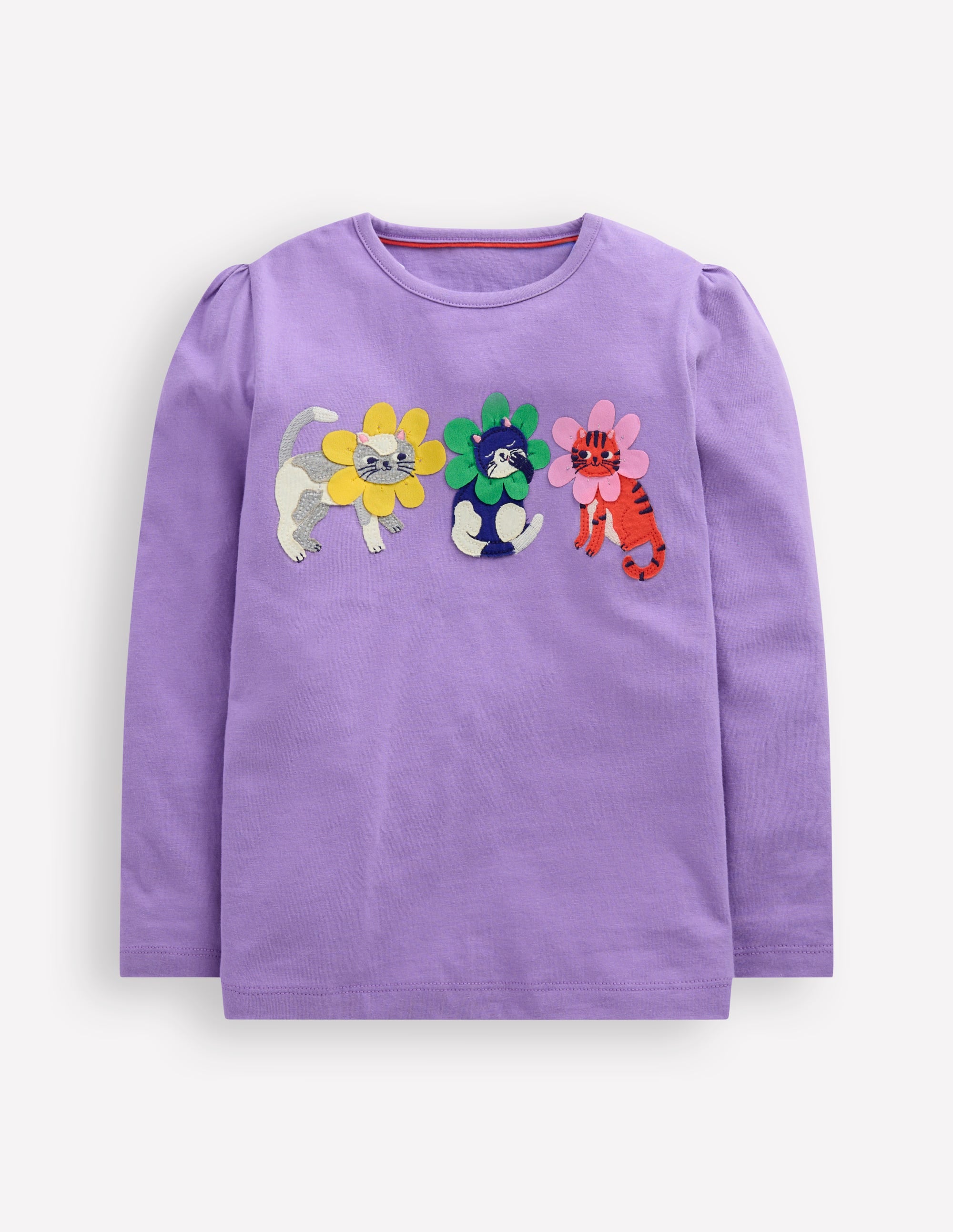 T-shirt à manches bouffantes et appliqué-Chat floral violet aster - Image 1