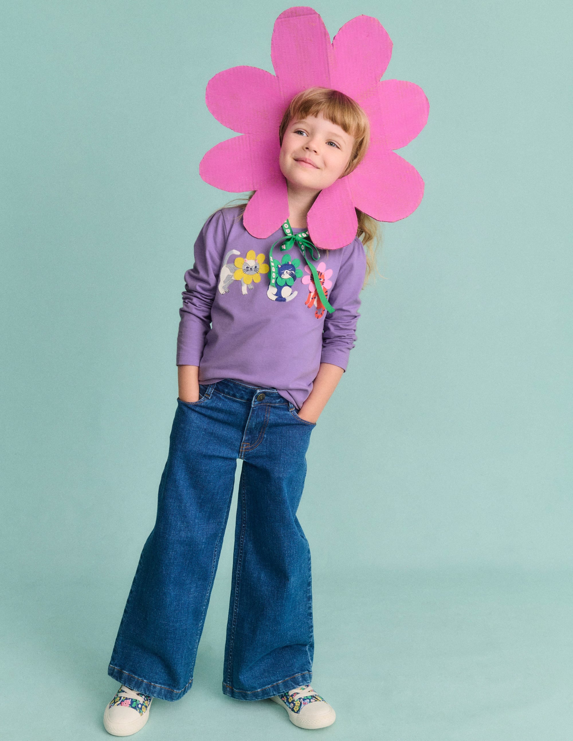 T-shirt à manches bouffantes et appliqué-Chat floral violet aster - Image 4
