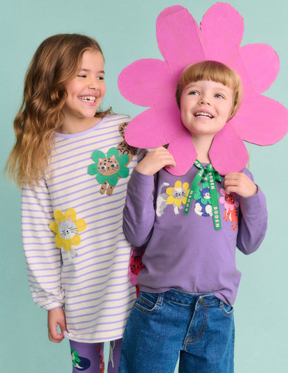 Puff Sleeve Applique T-Shirt-Aster Purple Flower Cats