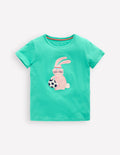 Short Sleeve Appliqué T-shirt-Turquoise Blue Bunny