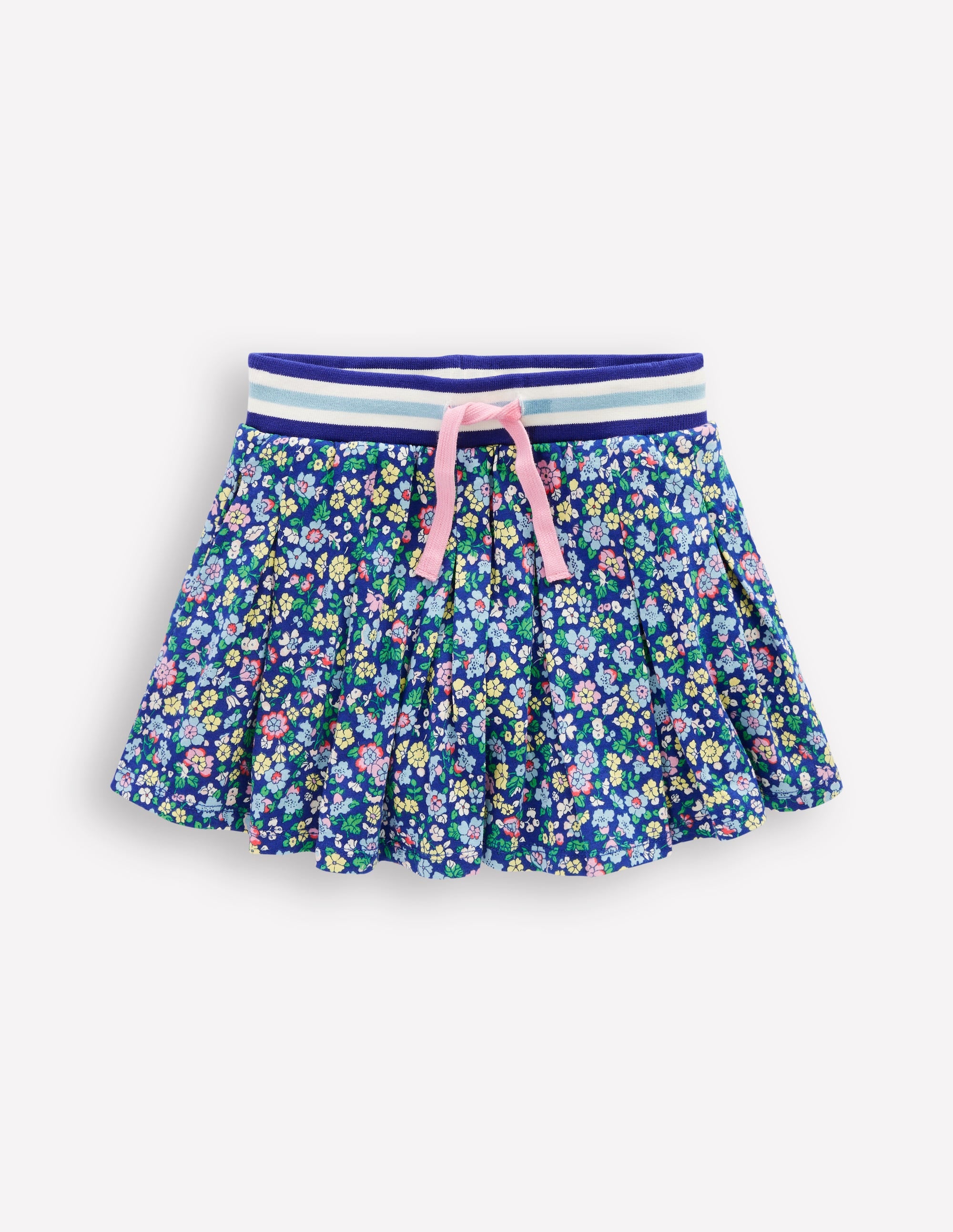 Jupe-short plissée en jersey-Bleu saphir, fleurs nautiques - Image 1