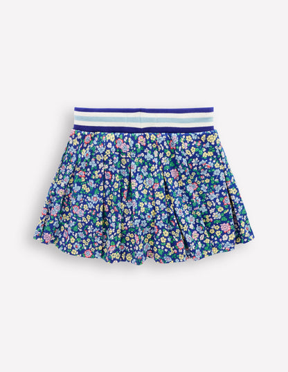 Jupe-short plissée en jersey-Bleu saphir, fleurs nautiques