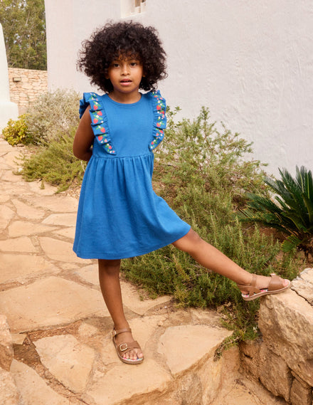 Embroidered Frill Jersey Dress-Gallery Blue