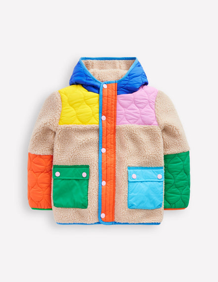 Gesteppte Jacke aus Teddyfell-Mix-Bunt, Blockfarben