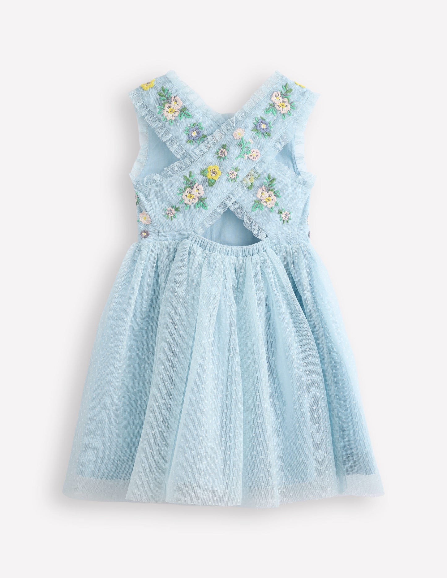 Robe en tulle croisée dans le dos-Broderie florale bleu