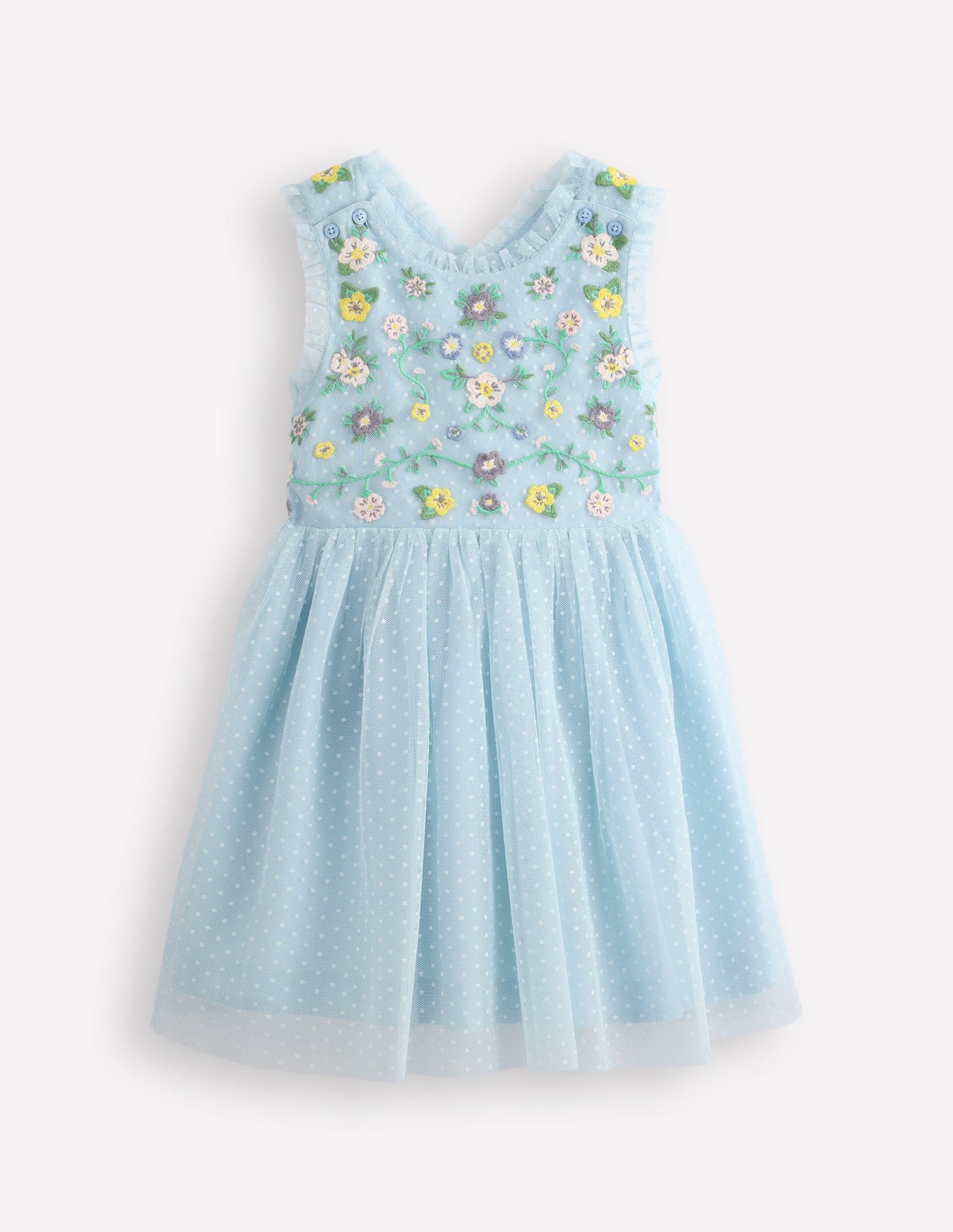 Robe en tulle croisée dans le dos-Broderie florale bleu