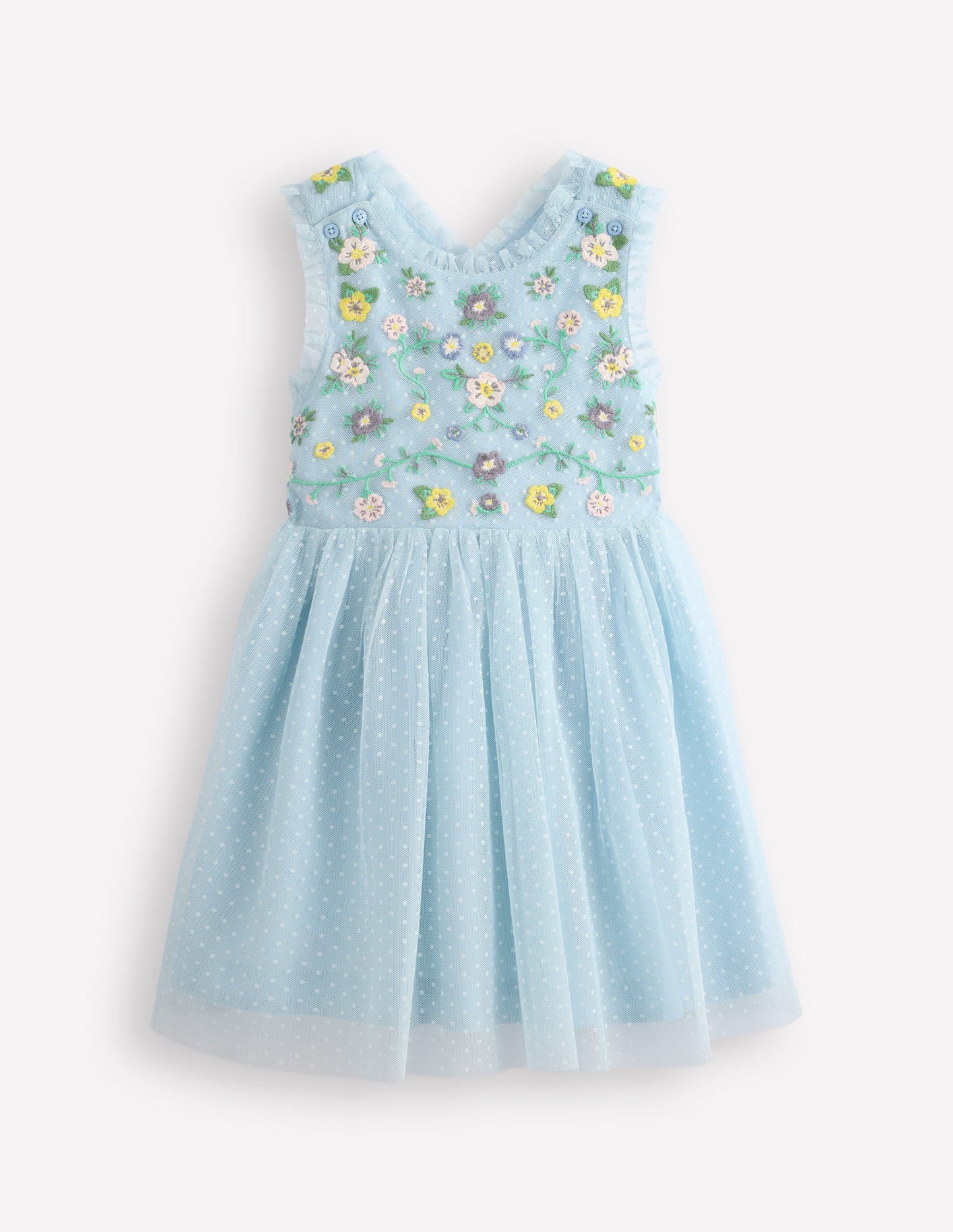 Robe en tulle croisée dans le dos-Broderie florale bleu