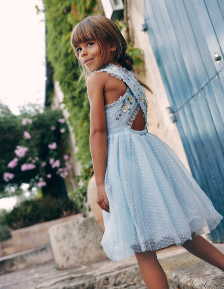 Kleid mit gekreuzten Rückenträgern-Blau Blumenstickerei