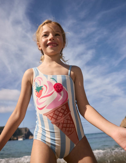 Sunday Appliqué Swimsuit-Vintage Blue Ice Cream Stripe