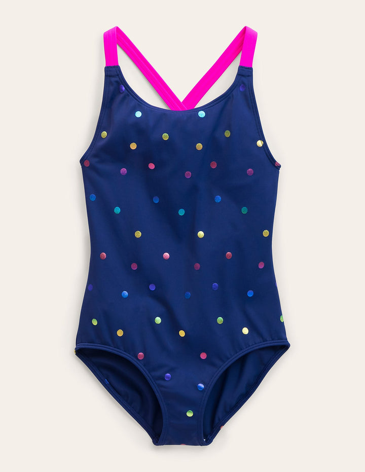 Cross-back Printed Swimsuit-Navy, Rainbow Foil Confetti