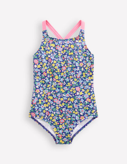 Maillot de bain imprimé croisé dans le dos-Bleu saphir, fleurs nautiques