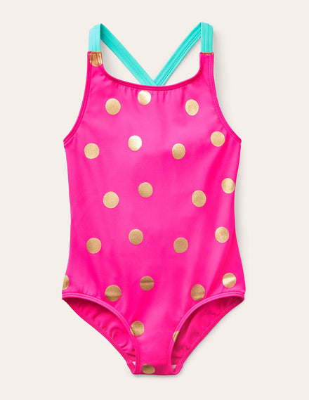 Maillot de bain imprimé croisé dans le dos-Rose fuchsia, pois dorés métallisés