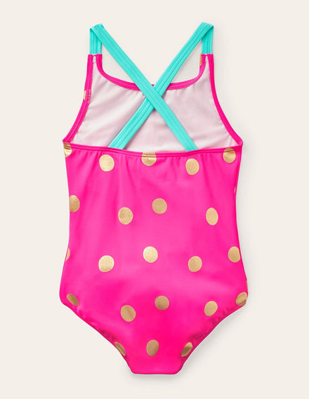 Maillot de bain imprimé croisé dans le dos-Rose fuchsia, pois dorés métallisés