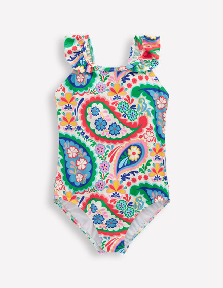 Maillot de bain Hallie à bretelles volantées-Motif cachemire ivoire