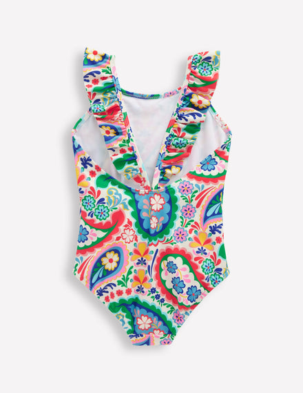 Maillot de bain Hallie à bretelles volantées-Motif cachemire ivoire