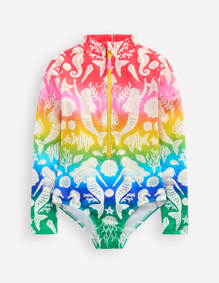 Long-sleeved Swimsuit-Multi Rainbow Floral