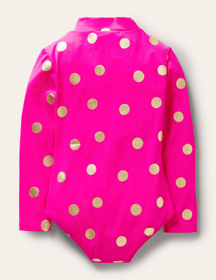 Maillot de bain à manches longues-Rose fuchsia, pois dorés métallisés