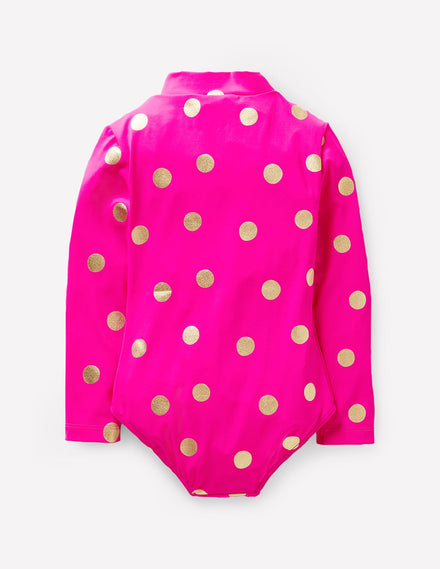 Badeanzug mit langen Ärmeln-Fuchsienrosa, Goldfolie Punkte