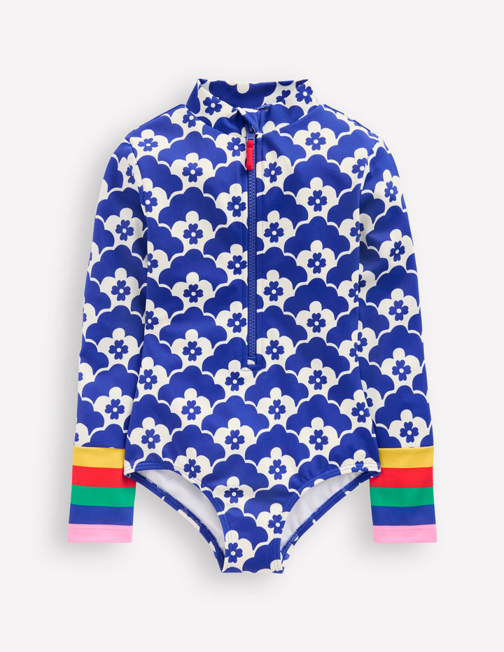 Long-sleeved Swimsuit-Orion Blue Flower Geo