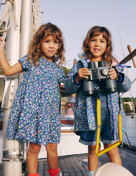 Ariel Jerseykleid zum Herumwirbeln-Saphirblau Nautisches Blumenmuster