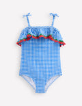 Maillot de bain à volants avec liens à nouer-Cerises vichy bleu