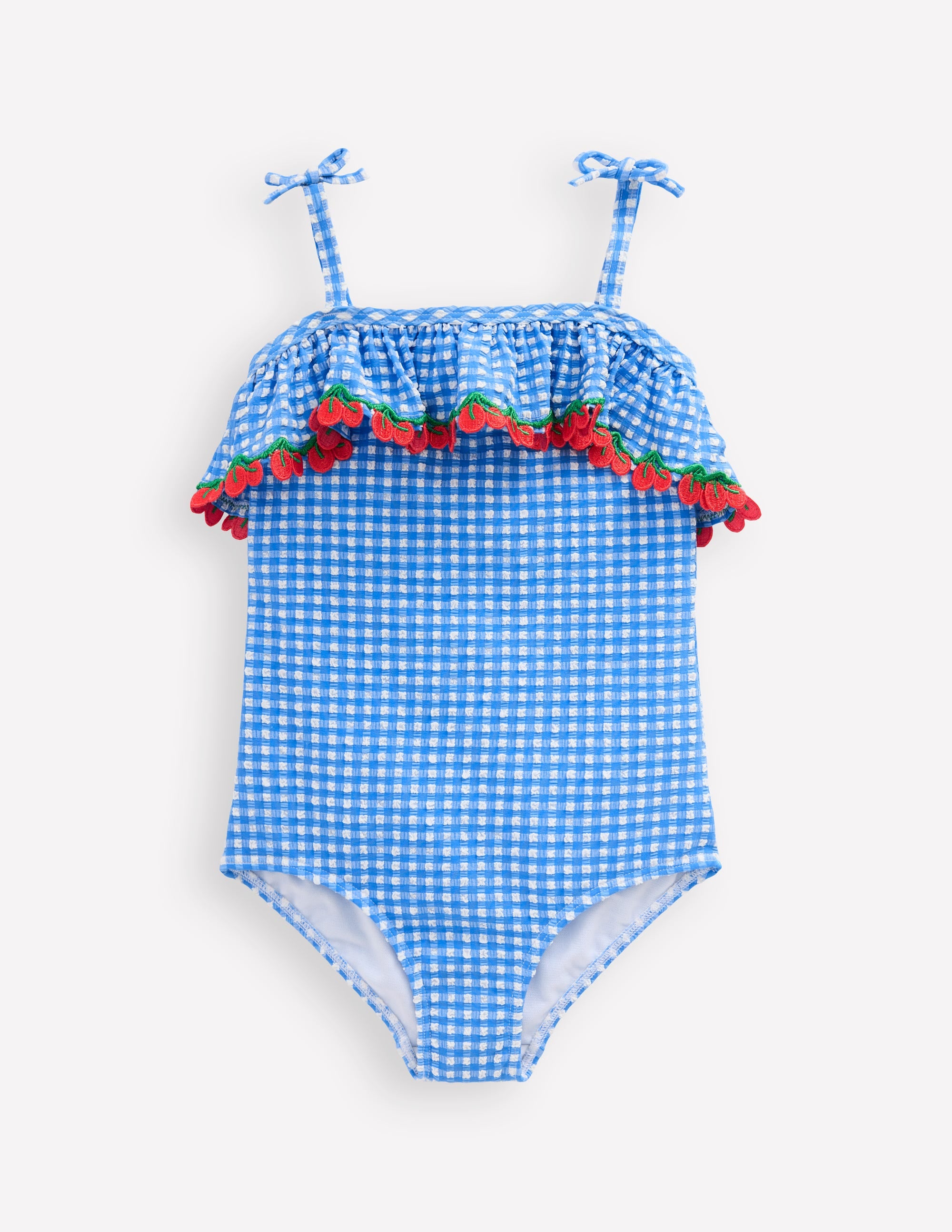 Maillot de bain à volants avec liens à nouer-Cerises vichy bleu - Image 1