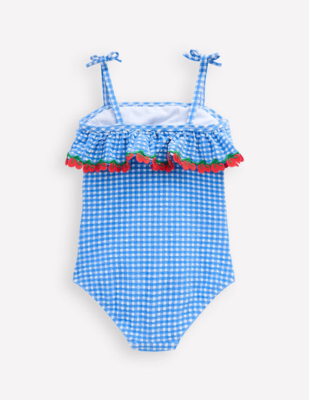 Maillot de bain à volants avec liens à nouer-Cerises vichy bleu