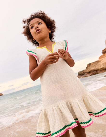 Emmy Gewebtes Strandkleid-Naturweiß Zackenlitze