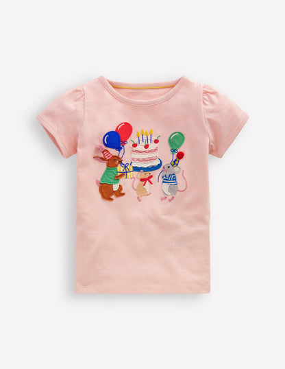 T-shirt à manches bouffantes et appliqué-Rose craie, amis d'anniversaire