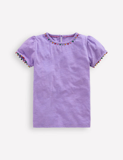 Ali Puff Sleeve Pom T-Shirt-Lavender Purple